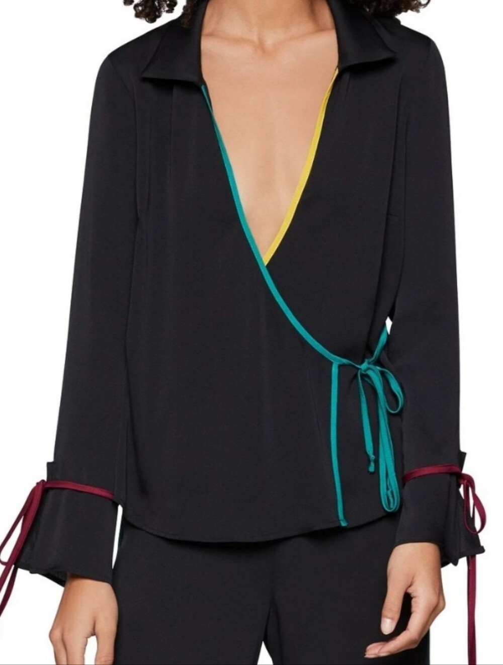BCBGeneration Blouse Black Colorful Trim Tie Front Size XS Chic Contemporary